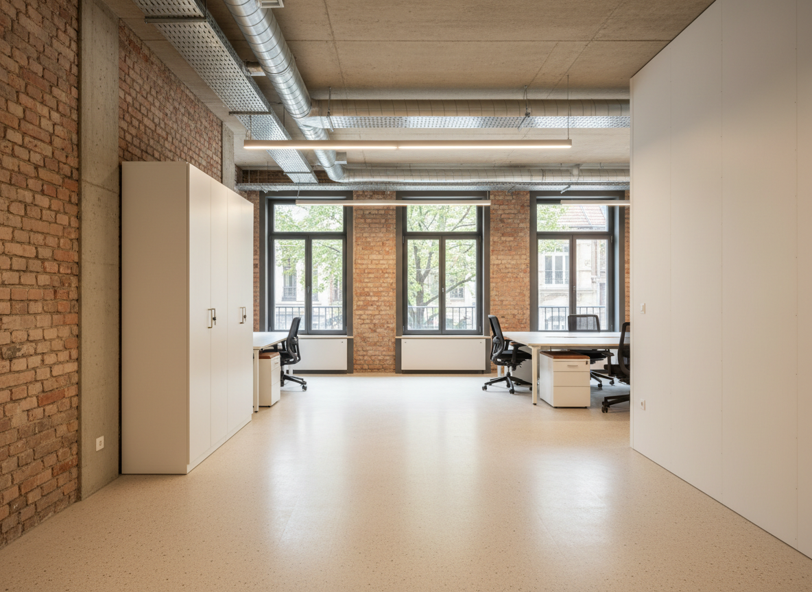An open-plan office interior in Brussels after a deep energy renovation, rendered in photographic realism. Exposed original brick walls are carefully cleaned and insulated from the inside, intersecting with new white plasterboard partitions and visible ceiling-mounted ventilation ducts. Large south-facing windows with high-performance glazing overlook a leafy urban street, their frames in dark powder-coated aluminum. Natural daylight combines with linear LED ceiling lights, creating a bright yet comfortable ambiance with soft shadows. The floor is finished in light polished concrete with subtle aggregates, reflecting the light gently. Captured from a slightly elevated wide-angle view, the composition emphasizes depth and continuity, with clear sightlines and orderly furniture silhouettes, conveying a professional, efficient, and sustainable workplace atmosphere without any people present.