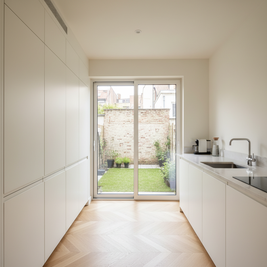 A bright, energy-efficient kitchen space in a renovated Brussels townhouse, depicted in crisp photographic realism. The room features white handleless cabinets, a pale quartz countertop, and a large triple-glazed sliding door opening onto a compact urban garden. The walls and ceiling are perfectly smooth, hinting at hidden insulation and airtightness layers, while a discreet mechanical ventilation grille is integrated above tall cabinets. Morning sunlight pours through the glazing, creating gentle highlights on the matte cabinet fronts and subtle reflections on the floor, finished in light oak. Shot from eye level with a slight diagonal perspective, the entire space is in sharp focus, conveying clarity, comfort, and modernity. The overall mood is calm and welcoming, yet distinctly professional, suggesting carefully calculated PEB performance without any people shown.