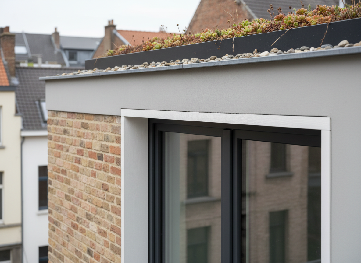 A detailed close-up of a sustainable building envelope detail on a Brussels renovation project, in high-resolution photographic realism. The image focuses on the junction between an insulated brick wall, a triple-glazed window, and a green roof edge. The brick shows its warm, textured character, while a layer of external insulation and mineral render transitions cleanly to the sleek dark window frame. Above, a thin slice of extensive green roof with sedums and gravel edging is visible. Gentle overcast daylight provides even, diffused lighting, eliminating harsh shadows and highlighting material textures and precise workmanship. Shot from a slightly oblique angle with shallow depth of field, the primary detail is in crisp focus while the background blurs softly. The mood is meticulous and technical, emphasizing high-quality, energy-efficient construction solutions with no human presence.